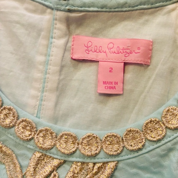 Lily Pulitzer Pearl Whisper Blue Gold Embroidered Shift Dress EUC Size 2 - Picture 6 of 12